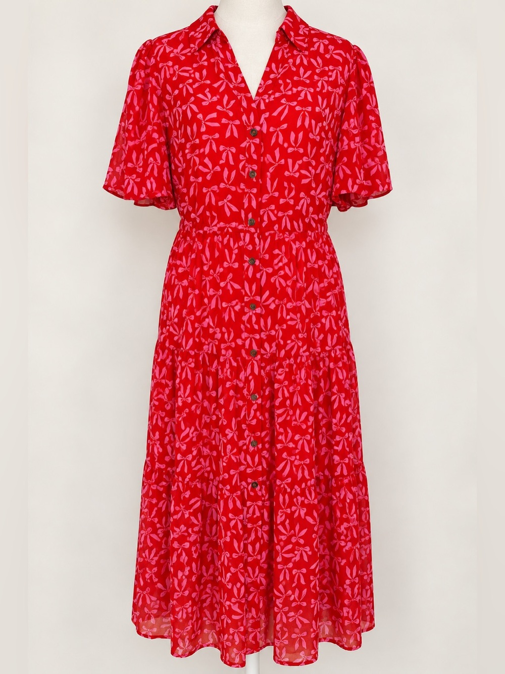 CeCe 2X Red Pink Bow Print Dress Holiday Party Christmas Festive Tiered